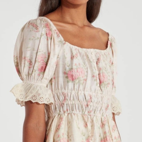 LoveShackFancy Terrence Dress 100% Silk - Pockets Ruffle Hem Puff Sleeve Eyelet - Picture 11 of 17